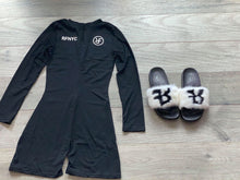Load image into Gallery viewer, RFNYC FUR SLIPPER AND BLACK TIGHT HIP UP SHORT JUMPSUIT